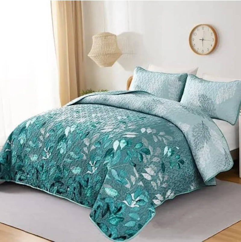 Green Botanical Quilted Bedspread Coverlet Sets (3Pcs)