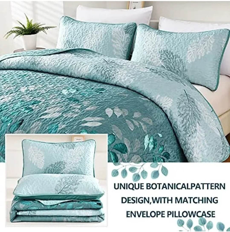 Green Botanical Quilted Bedspread Coverlet Sets (3Pcs)