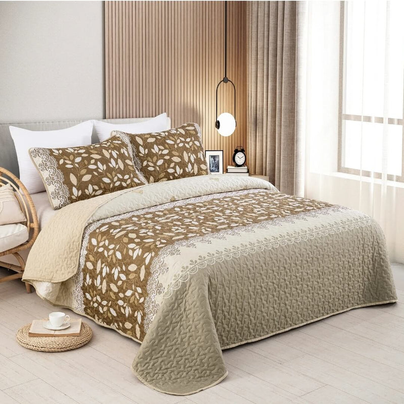 Brown Patchwork Coverlet Set-Floral Quilted Bedspread Sets (3Pcs)