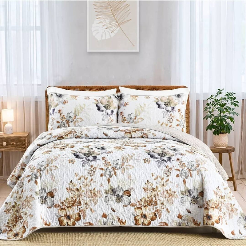 White Base Brown Floral Coverlet Set-Quilted Bedspread Sets (3Pcs)