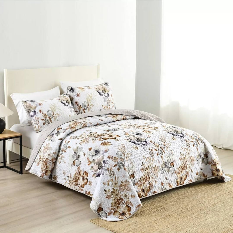 Brown Floral Coverlet Set-Quilted Bedspread Set (3Pcs)