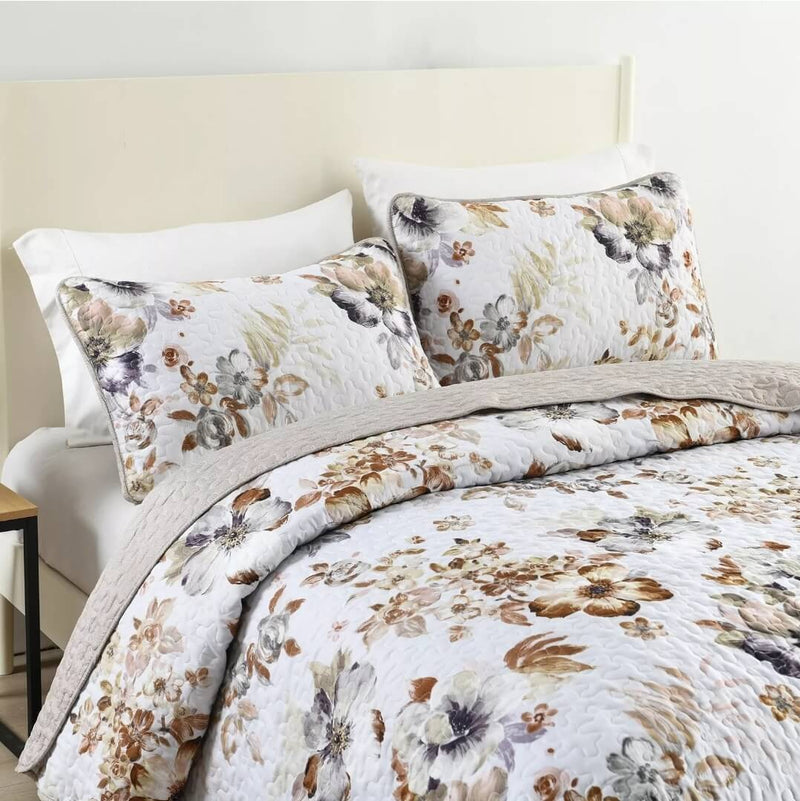 White Base Brown Floral Coverlet Set-Quilted Bedspread Sets (3Pcs)