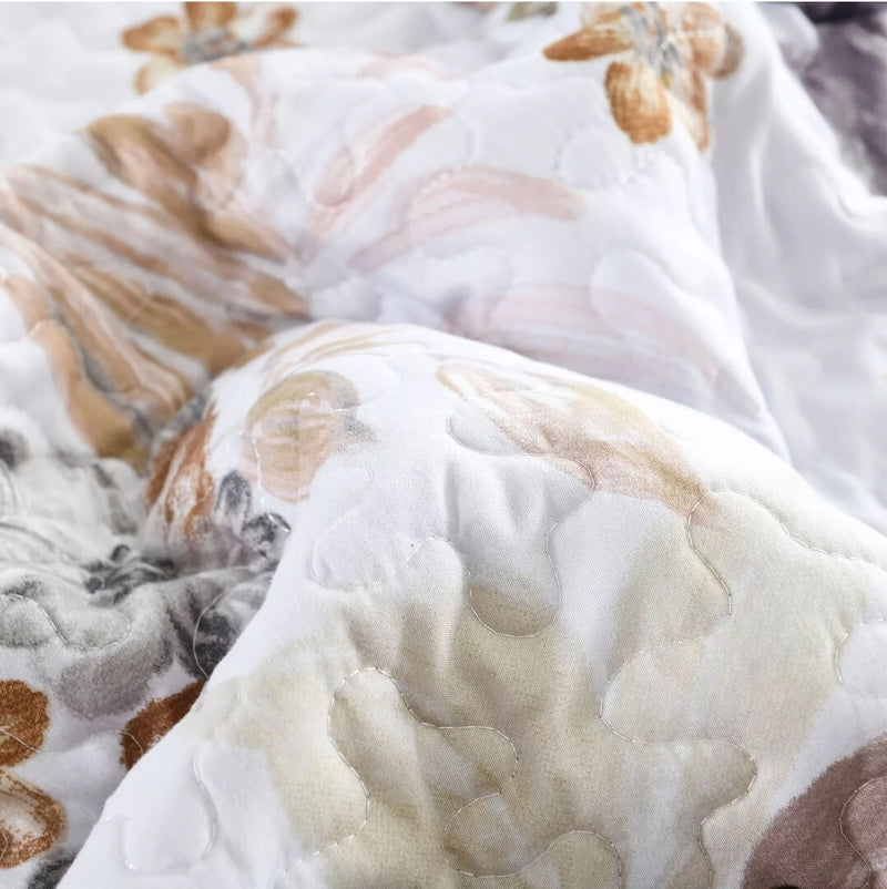 White Base Brown Floral Coverlet Set-Quilted Bedspread Sets (3Pcs)