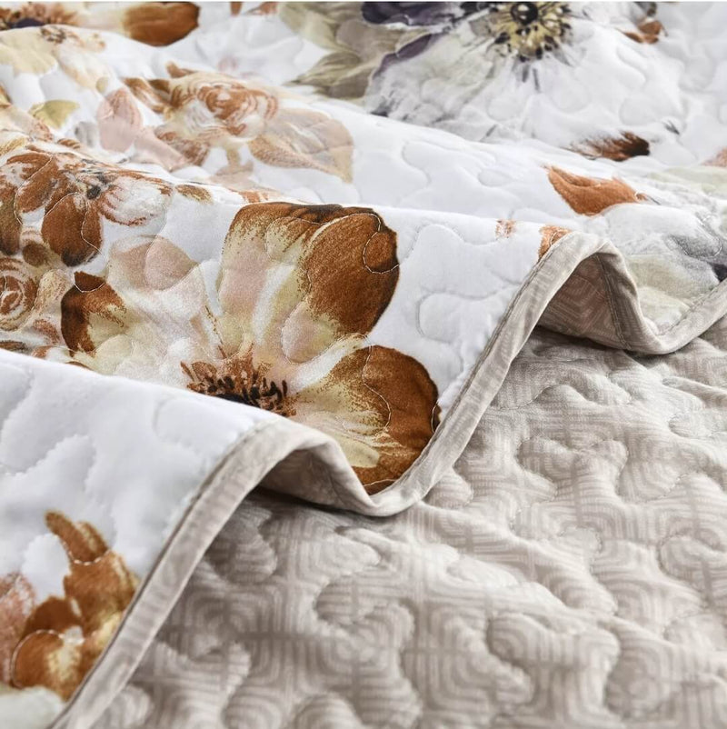 White Base Brown Floral Coverlet Set-Quilted Bedspread Sets (3Pcs)