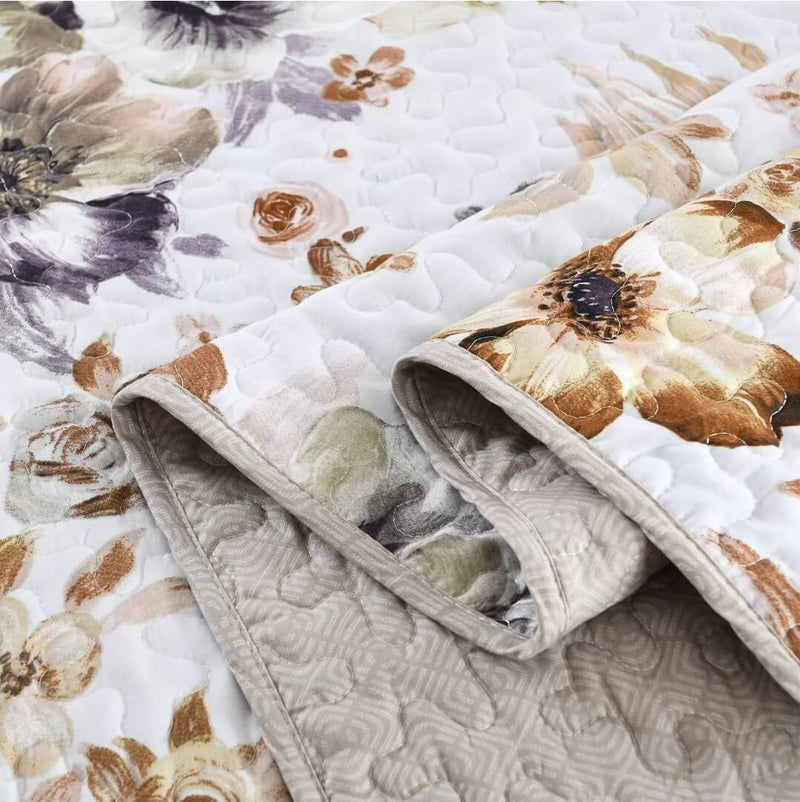 White Base Brown Floral Coverlet Set-Quilted Bedspread Sets (3Pcs)
