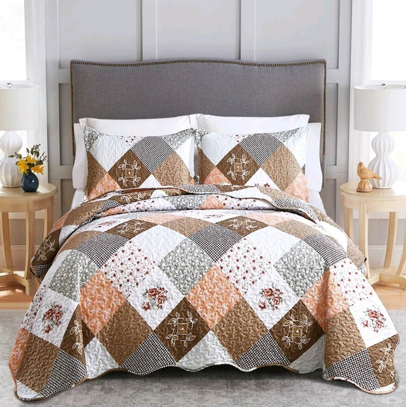 Brown Floral Patchwork Quilted Bedspread Coverlet Sets (3Pcs)