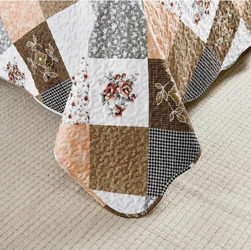 Brown Patchwork Coverlet Set-Quilted Bedspread Sets (3Pcs)