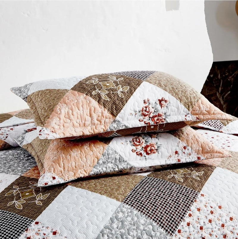 Brown Patchwork Coverlet Set-Quilted Bedspread Sets (3Pcs)