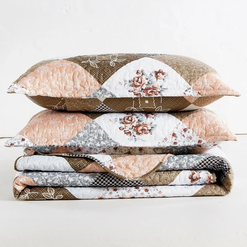 Brown Patchwork Coverlet Set-Quilted Bedspread Sets (3Pcs)