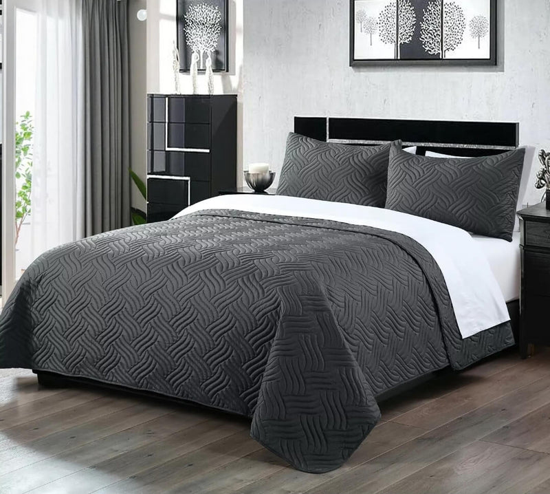 Chic Embossed Bedspread Coverlet Set (3Pcs) - Charcoal