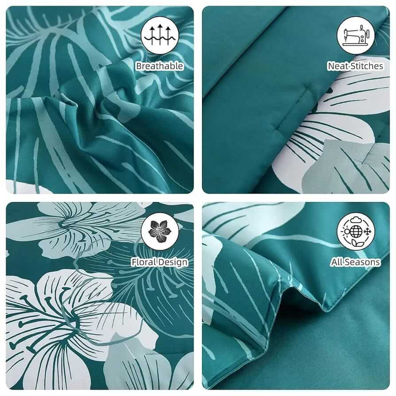 Teal Floral Design Comforter Set-Quilt Set (3Pcs)