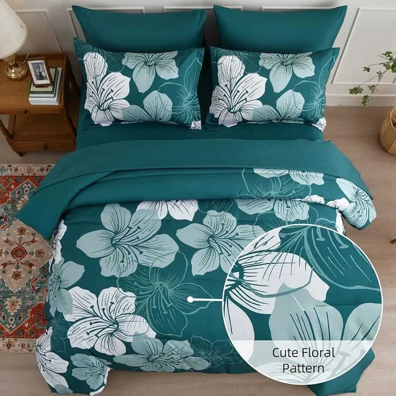 Teal Floral Design Comforter Set-Quilt Set (3Pcs)