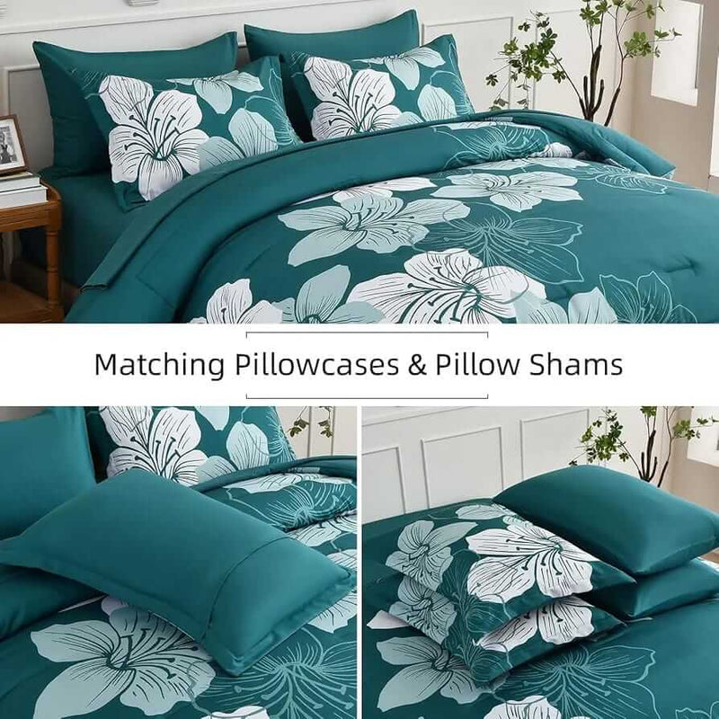 Teal Floral Design Comforter Set-Quilt Set (3Pcs)