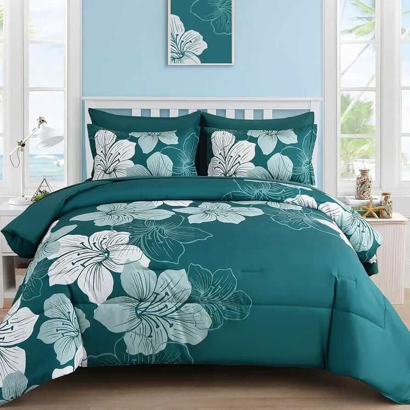 Teal Floral Design Comforter Set-Quilt Set (3Pcs)