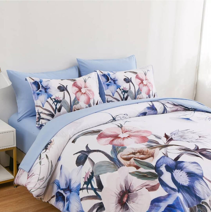 Sky Blue Floral Quilt Cover - Ultra Soft Doona/Duvet Cover Set 2xPillowcases