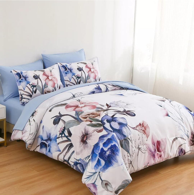 Sky Blue Floral Quilt Cover - Ultra Soft Doona/Duvet Cover Set 2xPillowcases