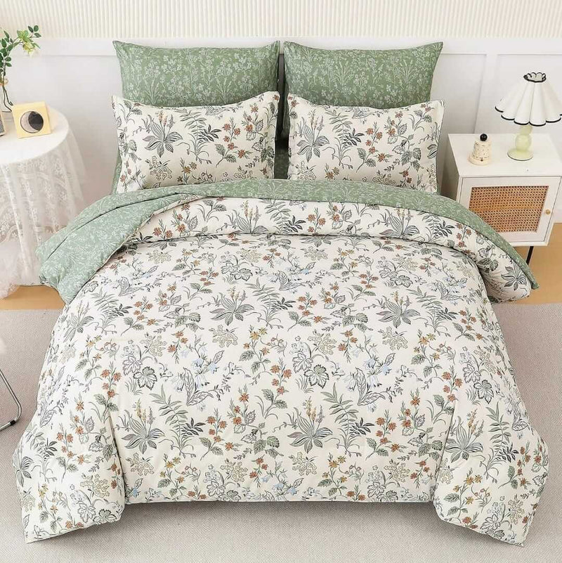 Beige Floral Green Comforter Set-Quilt Set (3Pcs)