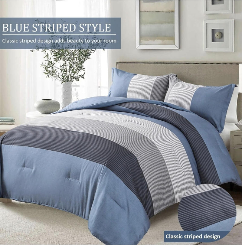 Blue & Grey Striped Comforter Set - Contemporary Blue Tone Quilt (3Pcs)