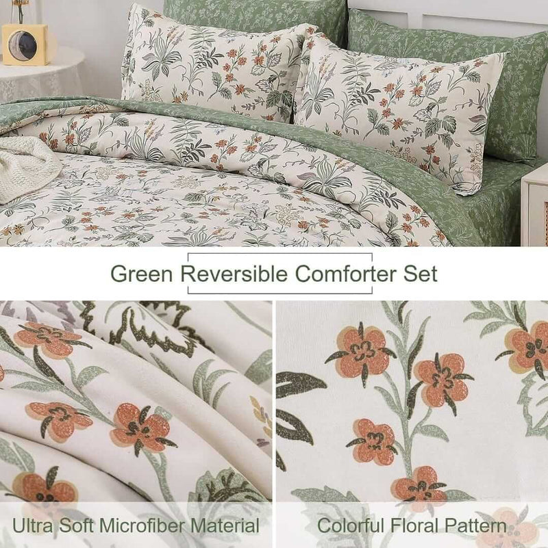 Beige Floral Green Comforter Set-Quilt Set (3Pcs)
