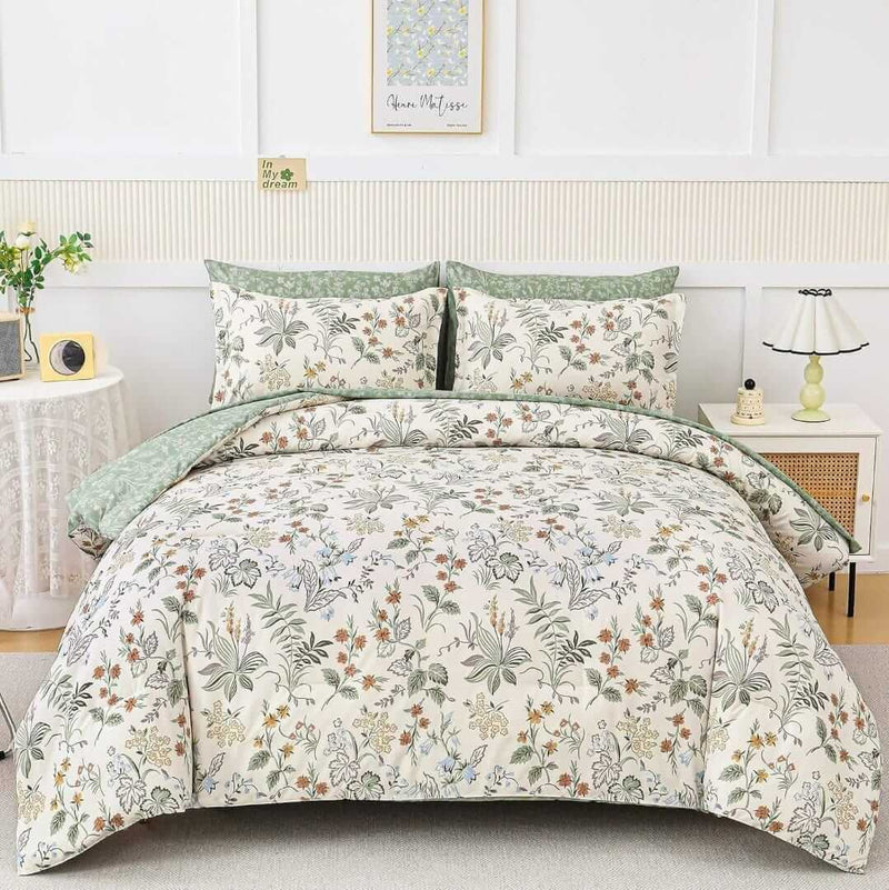 Beige Floral Green Comforter Set-Quilt Set (3Pcs)