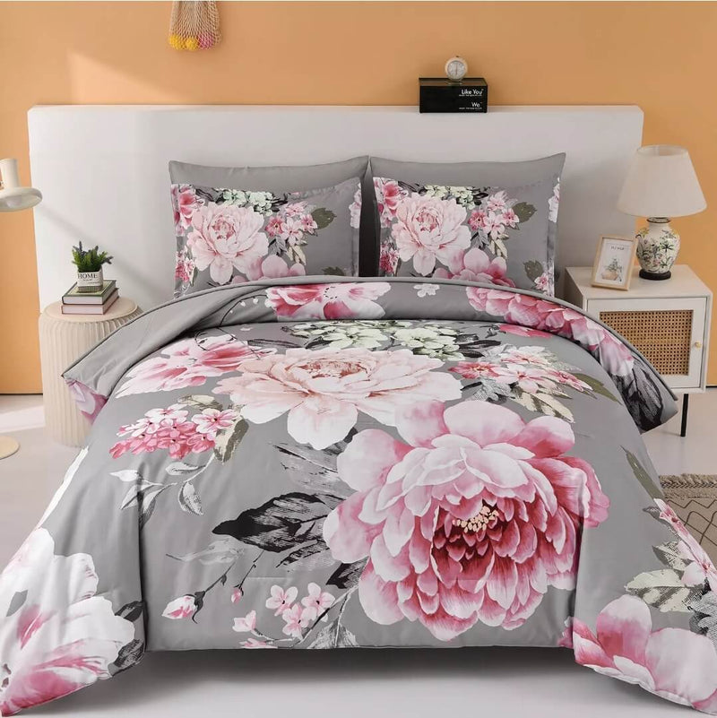 Grey Base Floral Quilt Cover - Ultra Soft Donna/Duvet Cover Set 2xPillowcases