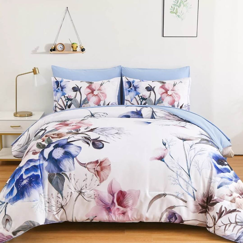 Sky Blue Floral Quilt Cover - Ultra Soft Doona/Duvet Cover Set 2xPillowcases