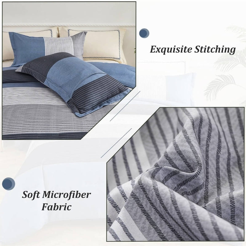 Blue & Grey Striped Comforter Set - Contemporary Blue Tone Quilt (3Pcs)