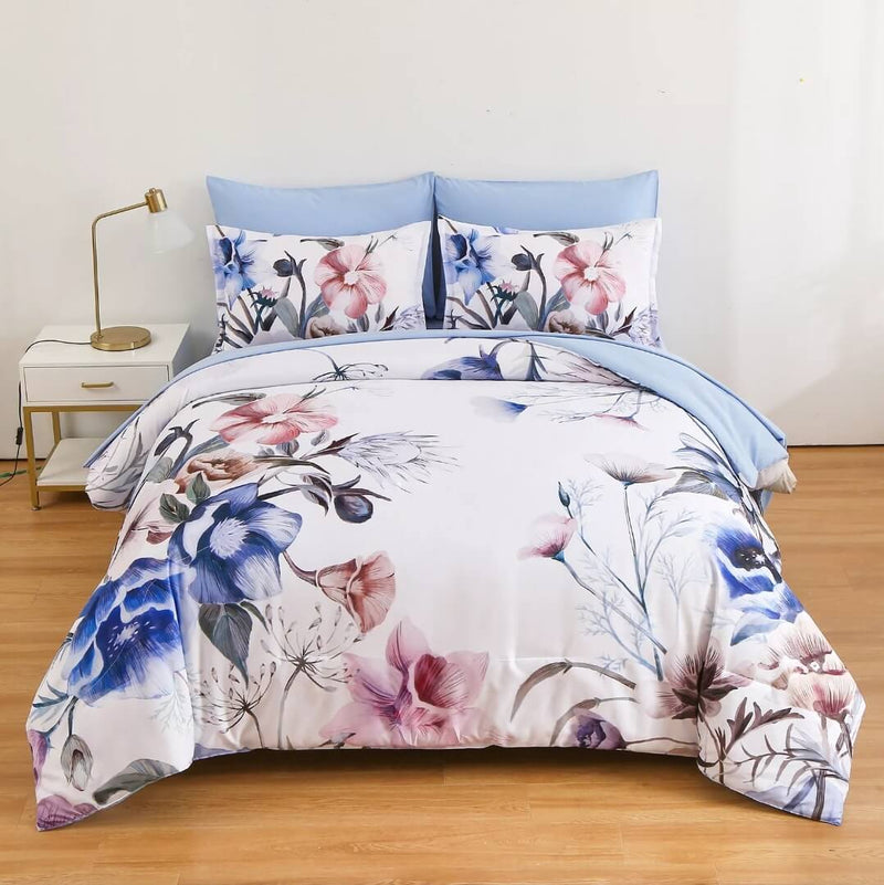 Sky Blue Floral Quilt Cover - Ultra Soft Doona/Duvet Cover Set 2xPillowcases