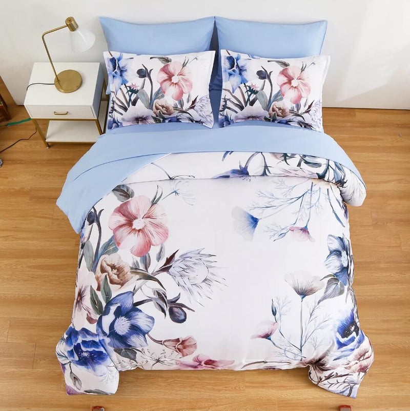 Sky Blue Floral Quilt Cover - Ultra Soft Doona/Duvet Cover Set 2xPillowcases