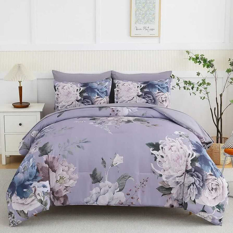 2025 Purple Base Botanical Comforter Set-Quilt Set (3Pcs)