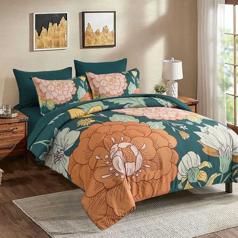 Sage Green Orange Floral Comforter Set-Quilt Set (3Pcs)