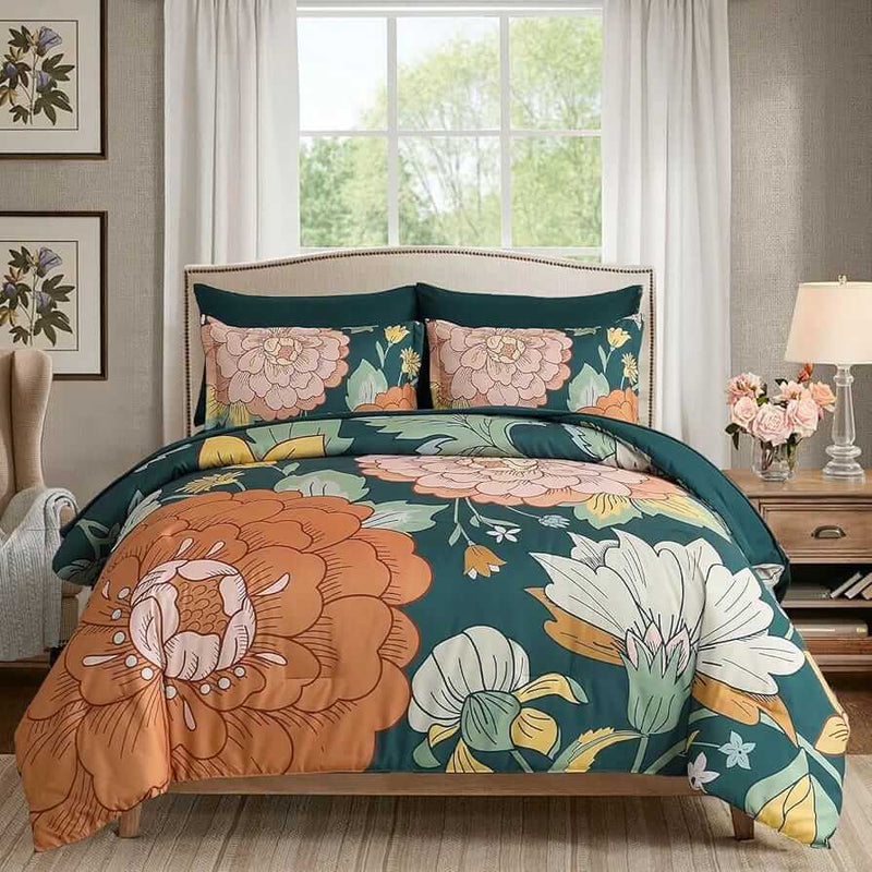 Sage Green Orange Floral Comforter Set-Quilt Set (3Pcs)