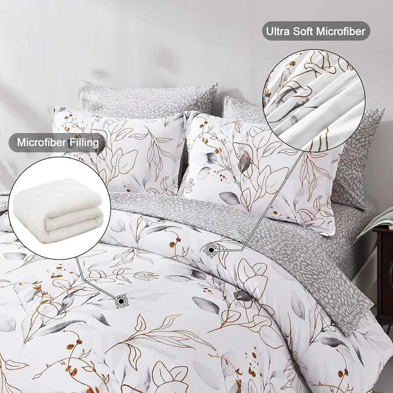 Floral patterned bedding set with close-ups of microfiber filling and Ultra Soft Microfiber material.