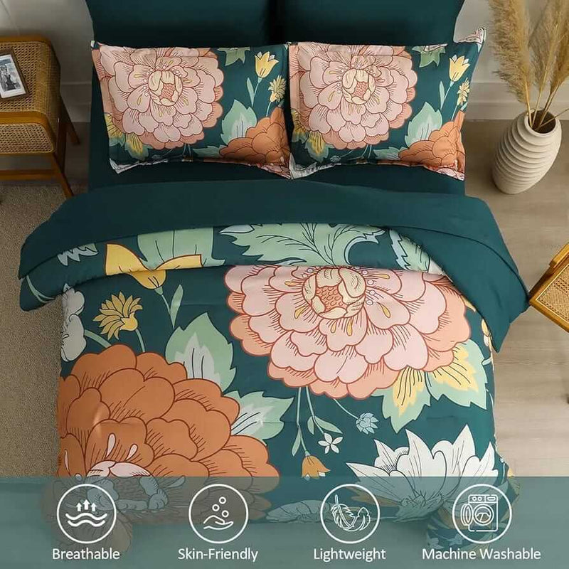 Sage Green Orange Floral Comforter Set-Quilt Set (3Pcs)