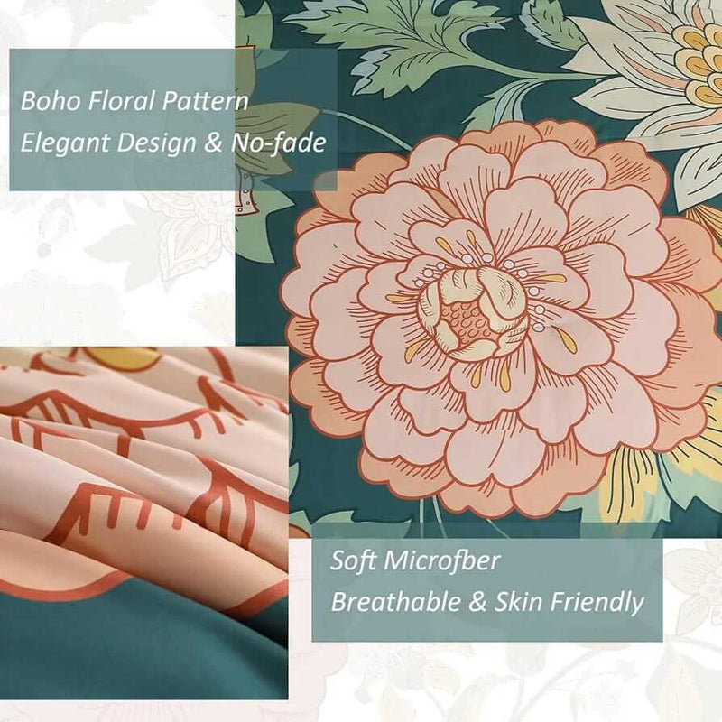 Sage Green Orange Floral Comforter Set-Quilt Set (3Pcs)