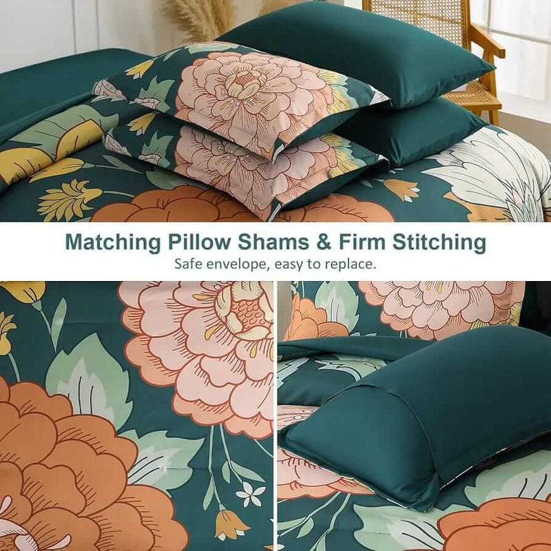 Sage Green Orange Floral Comforter Set-Quilt Set (3Pcs)