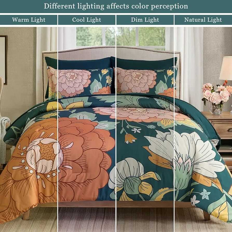 Sage Green Orange Floral Comforter Set-Quilt Set (3Pcs)