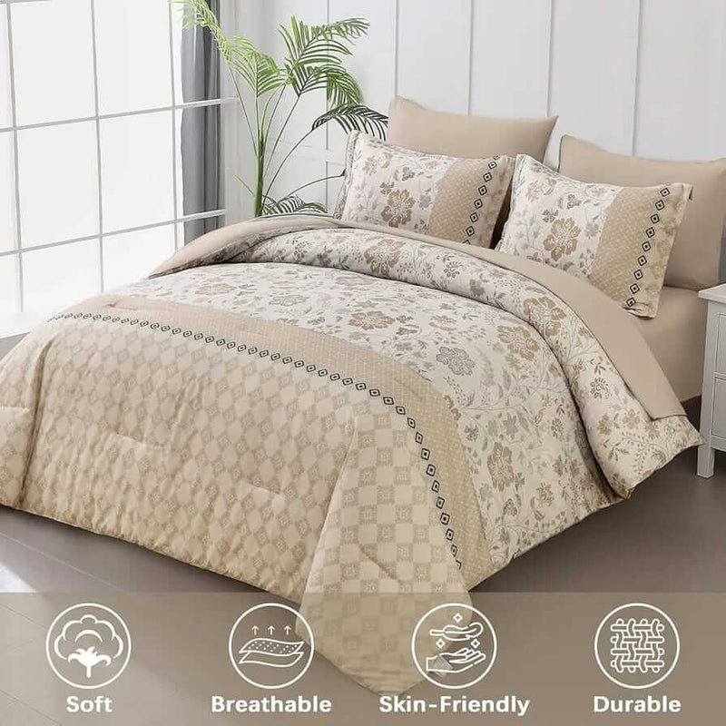 Beige Floral & Geometric Comforter Set - Quilt Set (3Pcs)