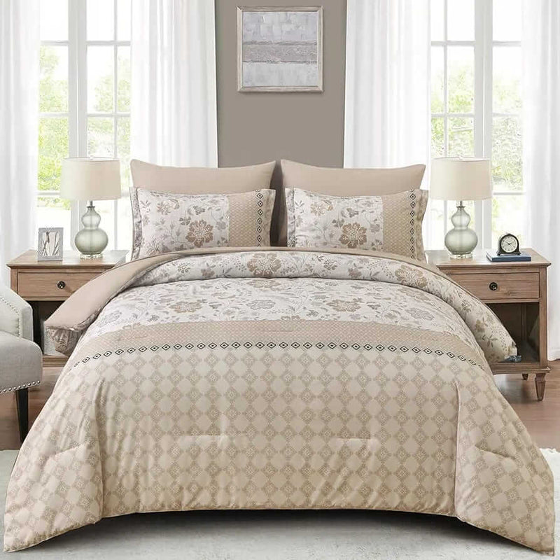 Beige Floral & Geometric Comforter Set - Quilt Set (3Pcs)