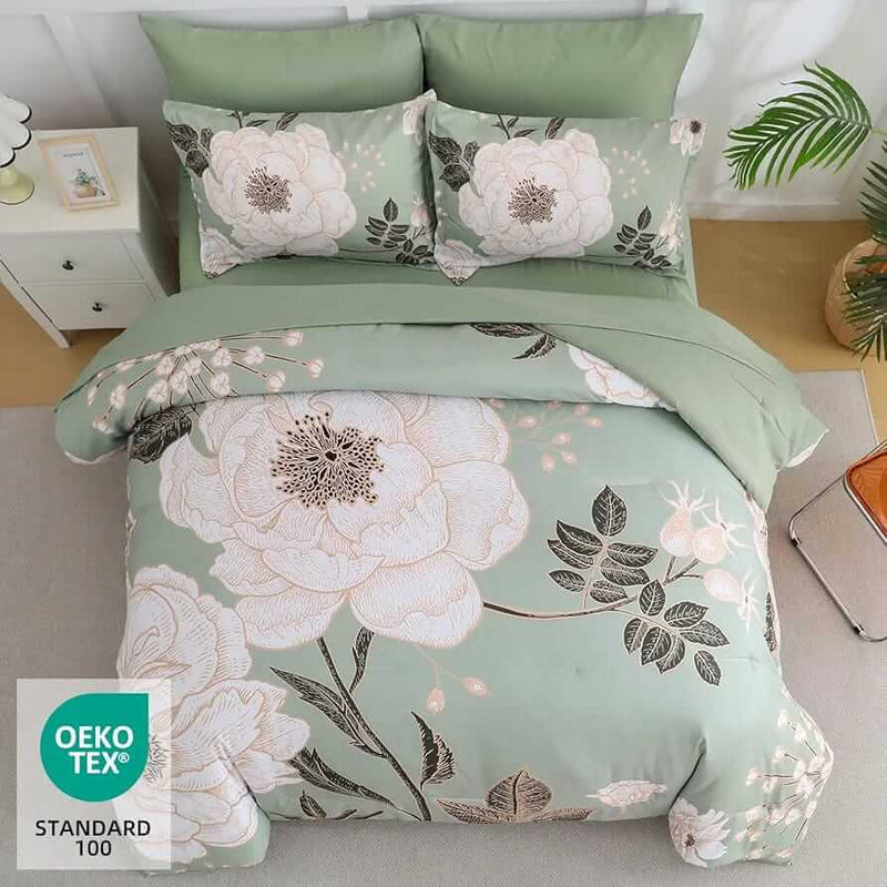 2025 Green Base Botanical Comforter Set-Quilt Set (3Pcs)
