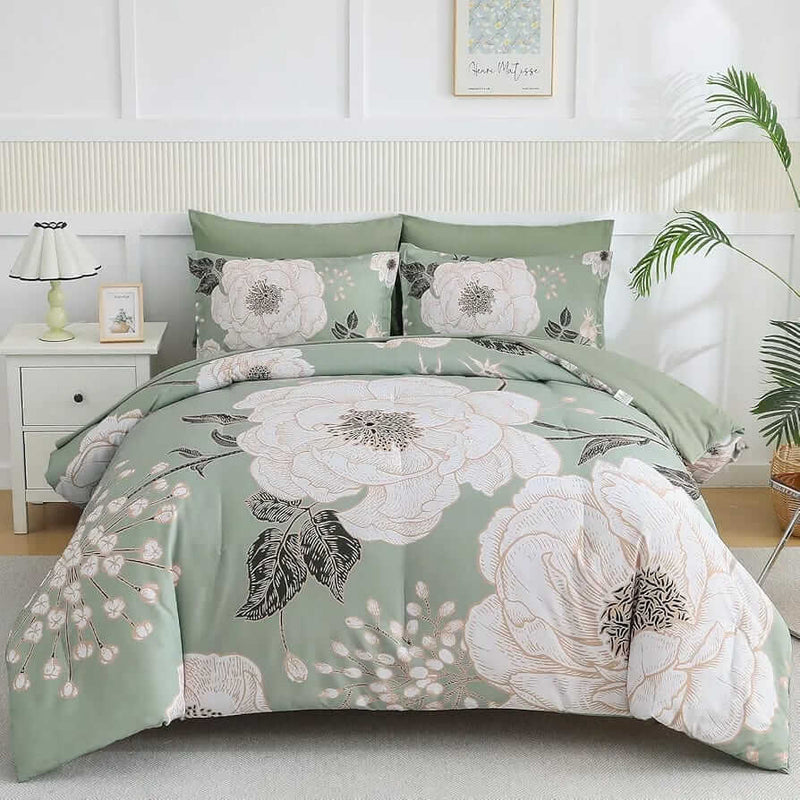 2025 Green Base Botanical Comforter Set-Quilt Set (3Pcs)