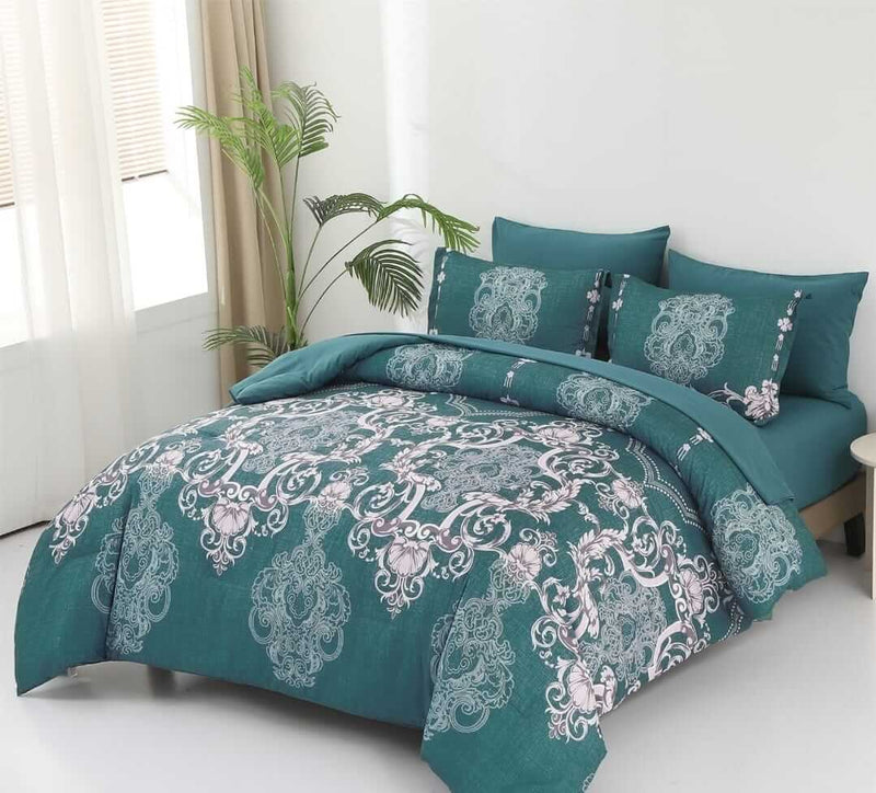 Teal & White Baroque Pattern Comforter Set - Quilt Set (3Pcs)