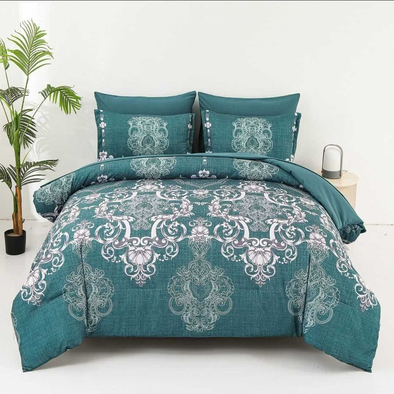 Teal & White Baroque Pattern Comforter Set - Quilt Set (3Pcs)