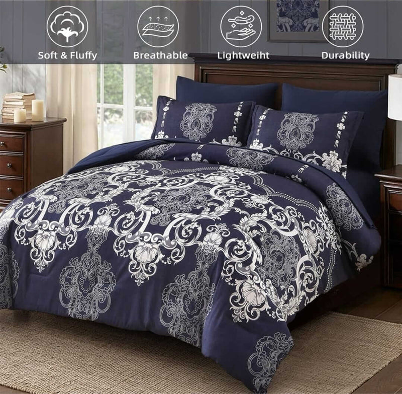 Navy & White Baroque Pattern Comforter Set - Quilt Set (3Pcs)