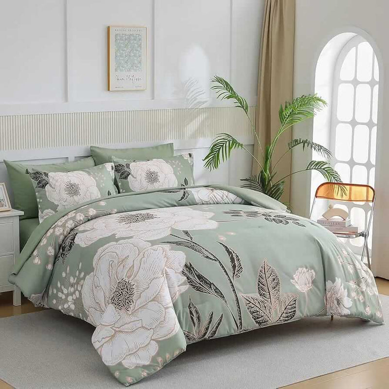 2025 Green Base Botanical Comforter Set-Quilt Set (3Pcs)