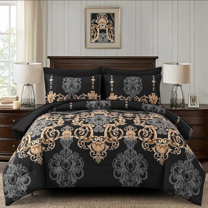 Black & Gold Baroque Pattern Comforter Set - Quilt Set (3Pcs)