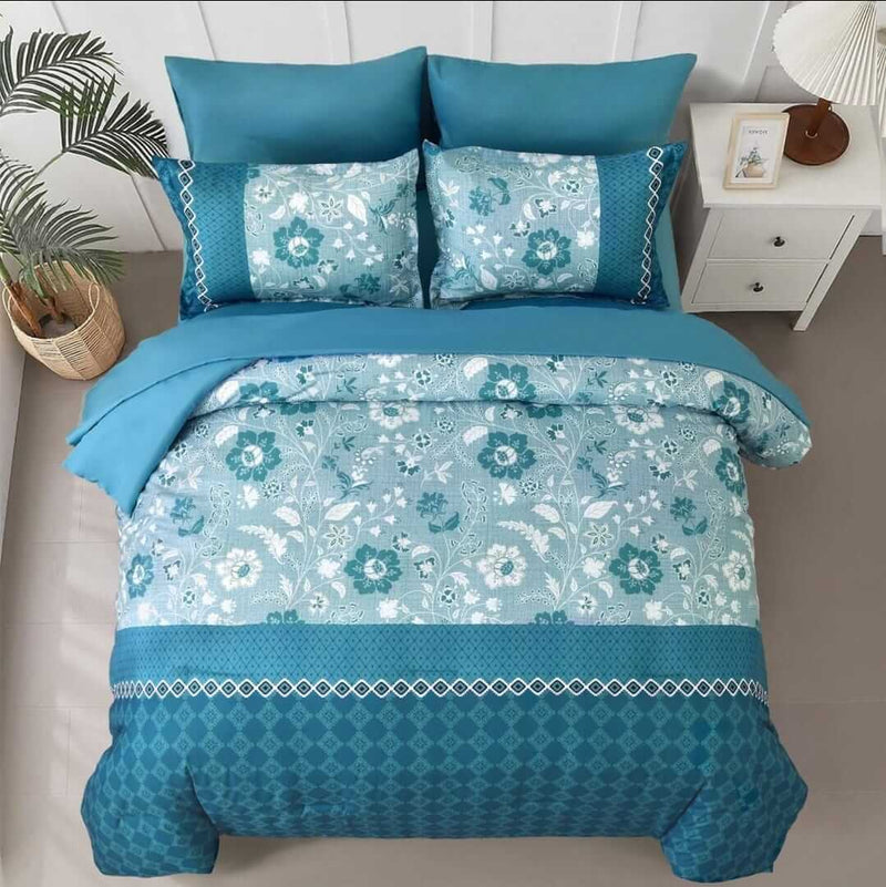 Teal Blue Floral & Geometric Comforter Set - Quilt Set (3Pcs)