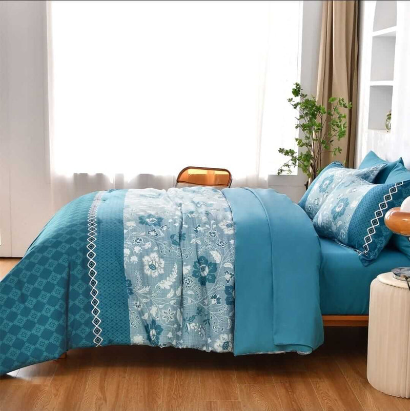 Teal Blue Floral & Geometric Comforter Set - Quilt Set (3Pcs)