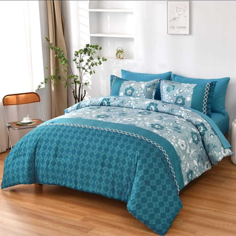 Teal Blue Floral & Geometric Comforter Set - Quilt Set (3Pcs)