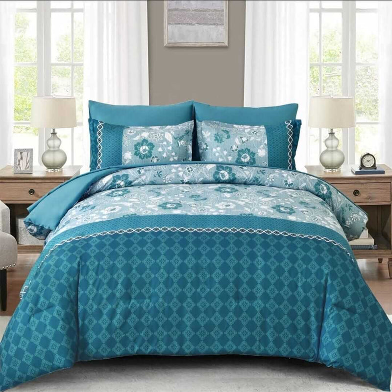 Teal Blue Floral & Geometric Comforter Set - Quilt Set (3Pcs)